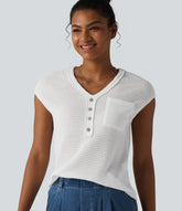 V-neck Cap Sleeve Waffle Casual Top with Pocket