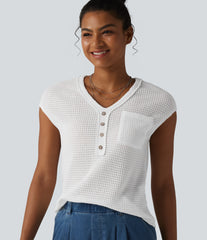 V-neck Cap Sleeve Waffle Casual Top with Pocket