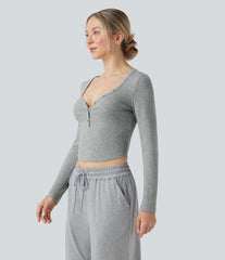 Ribbed Knit Henley Neck Long Sleeve Cropped Lounge Top