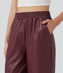 High Waisted Straight Leg Casual PU Leather Pants with Pockets