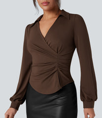 V Neck Long Sleeve Ruched Work Shirt