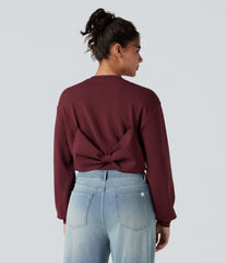 SpacerTek™ Round Neck Long Sleeve Back Bow Cropped Casual Sweatshirt