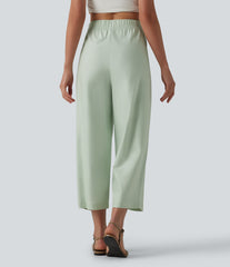 High Waisted Drawstring Barrel Leg Cropped Casual Cotton Linen Pants with Pockets