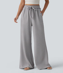 High Waisted Drawstring Stripe Waffle Wide Leg Casual Pants with Pockets