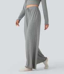 Ribbed Knit Pointelle High Waisted Drawstring Lettuce Trim Straight Leg Lounge Pants