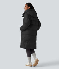 Hooded Long Sleeve Zipper Longline Casual Puffer Jacket with Pockets