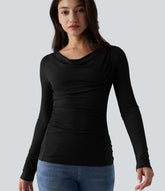Ribbed Knit Cowl Neck Long Sleeve Ruched Casual Top