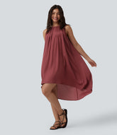 Round Neck Pleated Sleeveless High Low Casual Flowy Dress