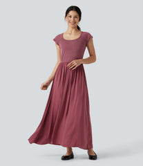 U Neck Short Sleeve Flowy Maxi Casual Dress
