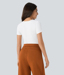 Ribbed Knit Square Neck Short Sleeve Skinny Work Bodysuit