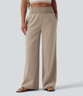 Shirred High Waisted Linen-Feel Casual Wide Leg Pants with Pockets