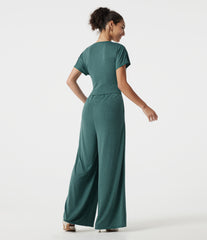 V Neck Batwing Sleeve Ruched Casual Jumpsuit with Pockets-Easy Peezy Edition