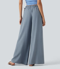 Frill Trim Mid Rise Drawstring Casual Linen-Blend Baggy Flowy Pants with Pockets