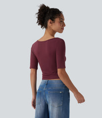 Ribbed Knit Scoop Neck Short Sleeve Casual T-Shirt
