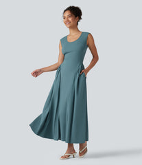 U-Neck Sleeveless Maxi Casual Flowy Dress with Pockets