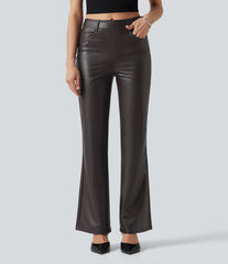 Mid Rise Stretchy PU Bootcut Casual Pants with Pockets