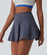 High Waisted 2-in-1 Plaid Quick Dry Flare Mini Tennis Skirt with Pockets