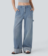Halara Flex™ Low Rise Rolled Hem Washed Casual Baggy Jeans with Pockets
