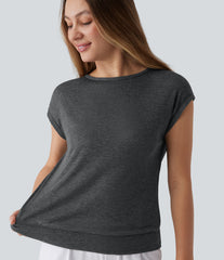 Ribbed Knit Round Neck Cap Sleeve Work Wool-Blend Top