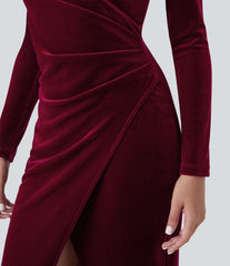 V Neck Long Sleeve Ruched Velvet Midi Casual Dress