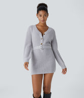 V Neck Front Long Sleeve Belted Mini Casual Sweater Dress