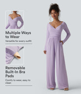 Ribbed Halter Tie Back Off Shoulder Built-in Bra Long Sleeve Casual Jumpsuit with Pockets