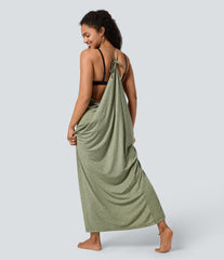 V Neck Tie Back Ruched Maxi Slip Dress