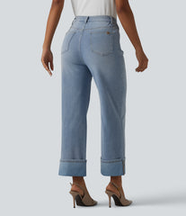 Halara Flex™ High Waisted Straight Leg Washed Casual Cuffed Jeans with Pockets