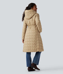 Hooded Belted Longline Casual Quilted Jacket with Pockets