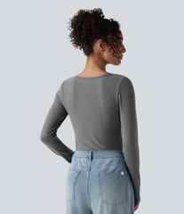 Push-Up Molded Cups Notched Long Sleeve Casual Warming Top A/B Cup