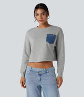 Round Neck Long Sleeve Casual Cotton Sweatshirt with Pocket