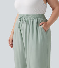 Plus Size High Waisted Drawstring Wide Leg Casual Linen-Blend Pants with Pockets