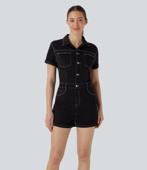Halara Flex™ Short Sleeve Washed Denim Casual Utility Romper with Pockets