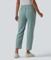 Asymmetric High Waisted Tapered Work Linen-Feel Pants with Pockets