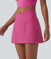 Crossover High Waisted 2-in-1 Mini A-line Stripes Quick Dry Tennis Skirt with Pockets-UPF40+