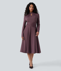Cut Out Long Sleeve Tie Back Midi Work Dress with Pockets