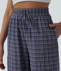 High Waisted Drawstring Plaid Crinkle Quick Dry Casual Wide Leg Pants with Zip Pockets