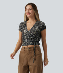 Deep V-neck Short Sleeve Wrap Tie Leopard Print Casual T-Shirt
