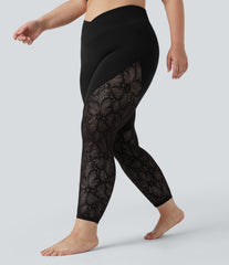 SoftlyZero™ High Waisted Crossover Contrast Lace 7/8 Yoga Plus Size Leggings with Pockets-UPF50+