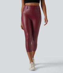 High Waisted Stretchy PU Casual Capri Leggings with Pockets