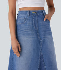 Halara Flex™ High Waisted Pockets Midi Washed Denim Casual A-Line Skirt
