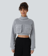 High Neck Dropped Shoulder Flap Pocket Cropped Casual Sweater