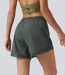 Mid Rise Drawstring Curved Hem Contrast Mesh 2-in-1 Running Shorts 5'' with Pockets