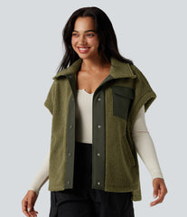 Stand Collar Cap Sleeve Color Block Hiking Sherpa Vest with Pockets