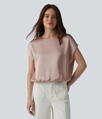 Round Neck Keyhole Back Cap Sleeve Satin Work Top
