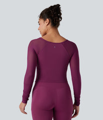 SoftlyZero™ Plush Square Neck Long Sleeve Contrast Mesh Ruched Yoga Sports Top