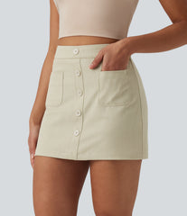 High Waisted Invisible Zipper 2-in-1 Denim Like Bodycon Mini Casual Skirt with Pockets