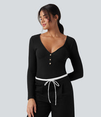 Ribbed Knit V-neck Long Sleeve Slim Heathered Casual Top