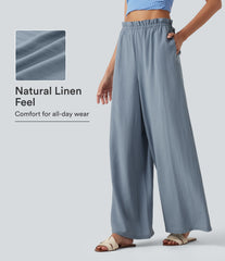 Frill Trim Mid Rise Drawstring Casual Linen-Blend Baggy Flowy Pants with Pockets