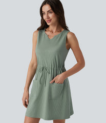 Notched Sleeveless Drawstring Waffle Mini Dress with Pockets